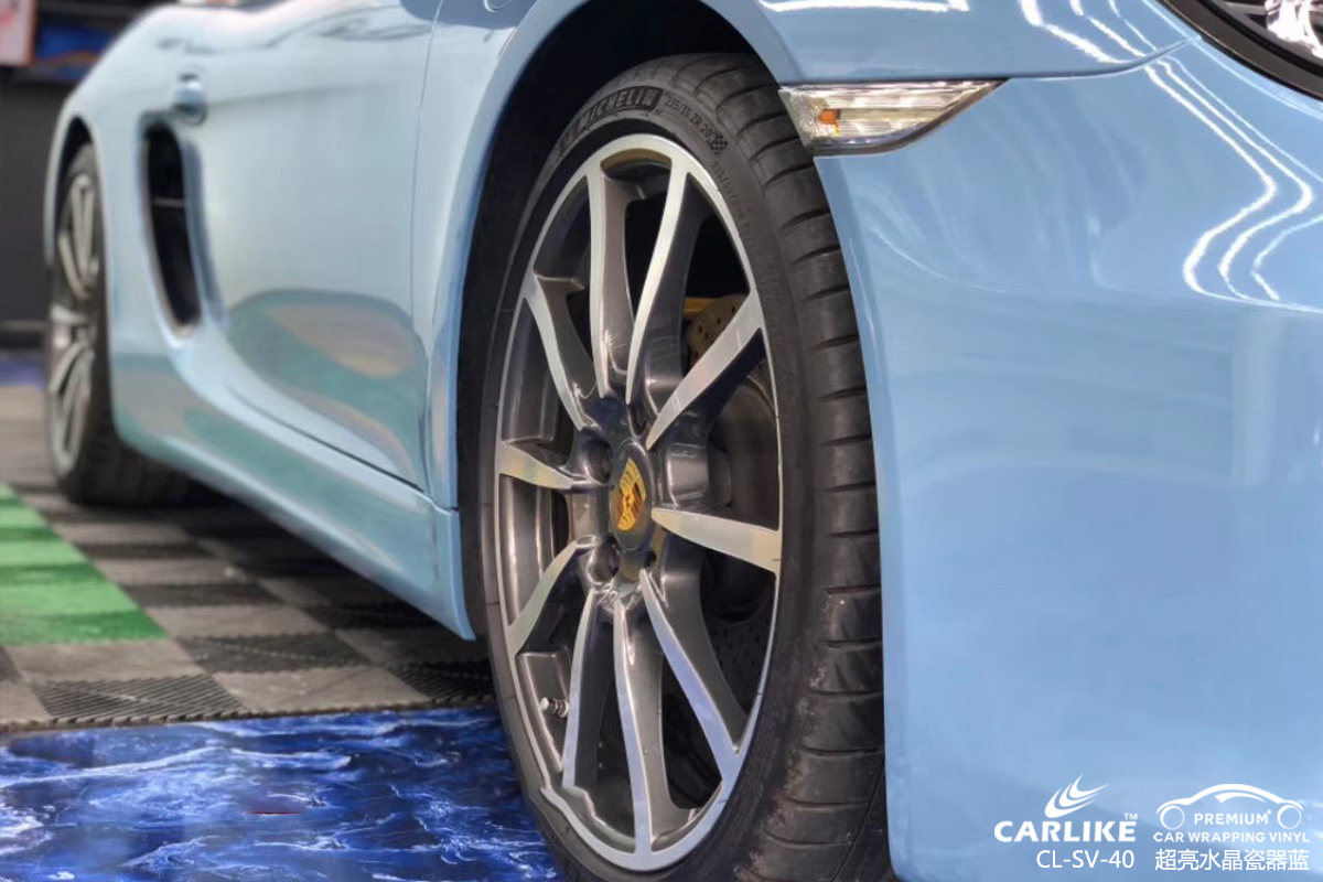 广州保时捷Cayman卡莱克汽车改色超亮水晶瓷器蓝效果图