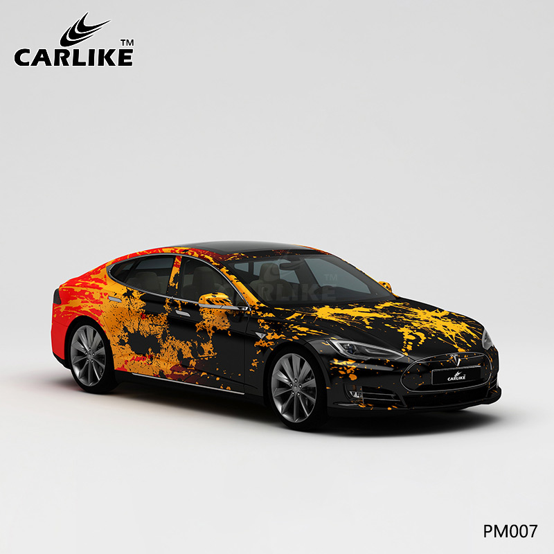 CARLIKE卡莱克™CL-PM-007特斯拉黑黄橙彩色泼墨车身改色