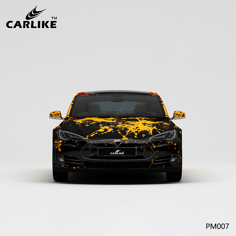 CARLIKE卡莱克™CL-PM-007特斯拉黑黄橙彩色泼墨车身改色