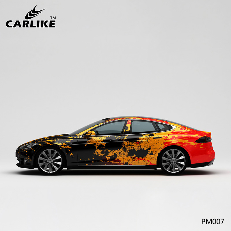 CARLIKE卡莱克™CL-PM-007特斯拉黑黄橙彩色泼墨车身改色